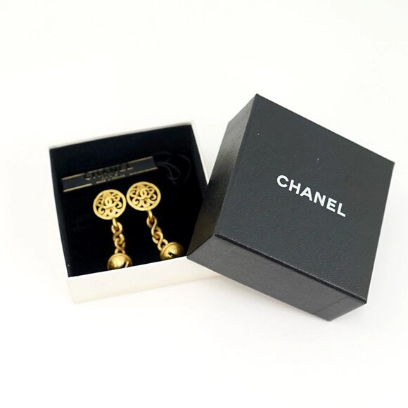 CHANEL CC Logos Filigree bell Dangle Earrings Gold Tone 95P Auth w/Box #2100 - Picture 6 of 6